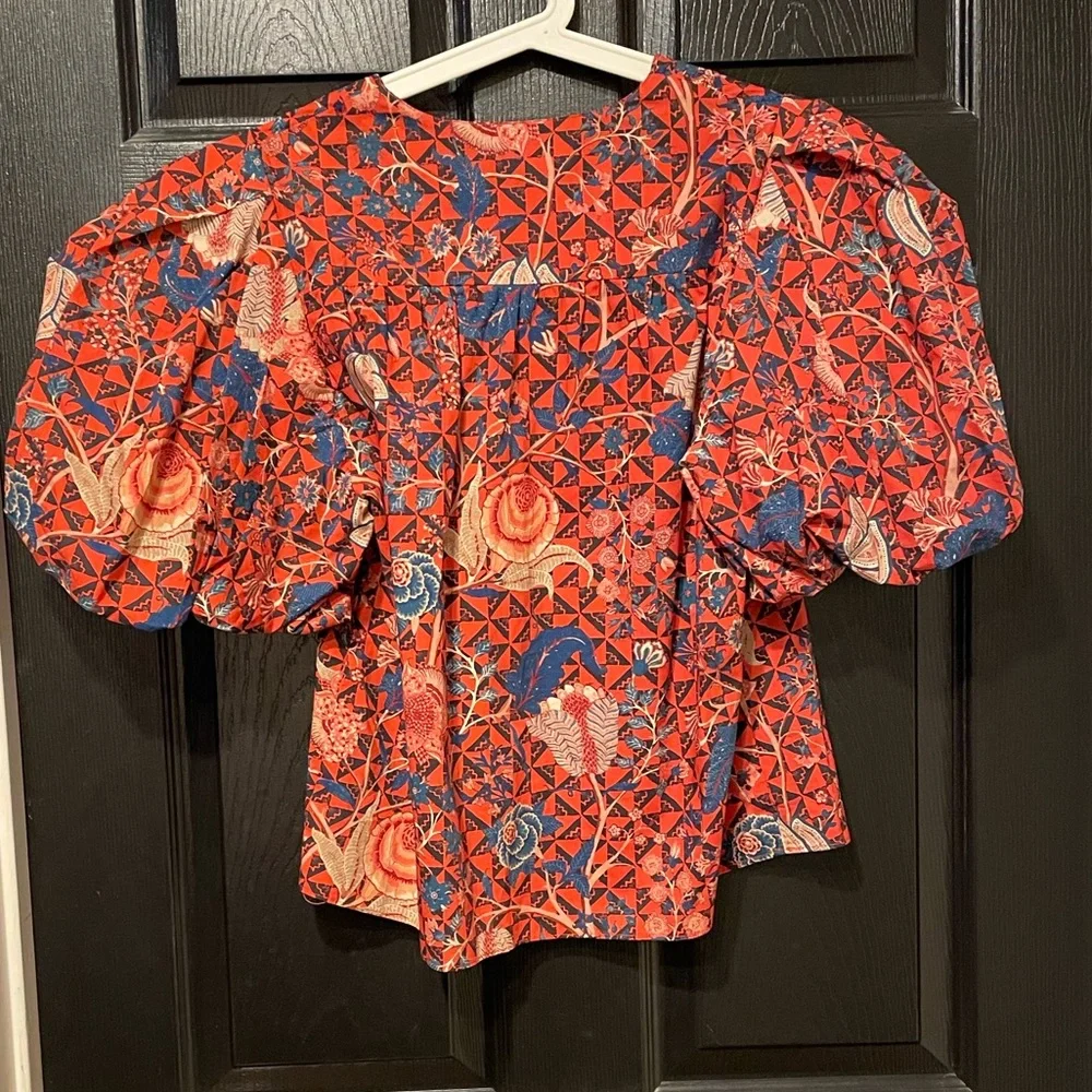 ULLA JOHNSON 100% Cotton Short Puff Sleeve Elise Hibiscus Floral Blouse 6 $495 - Picture 7 of 16